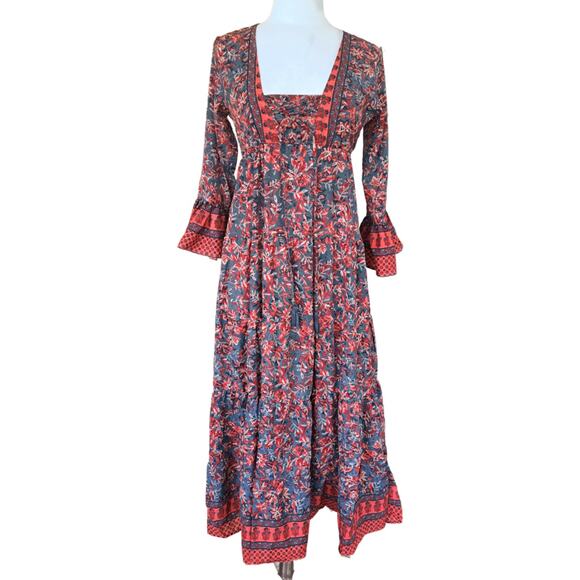 Anthropologie BOEMO Maxi Dress Small Red Blue Floral Lace Up Bell Sleeve Tiered - Picture 1 of 8